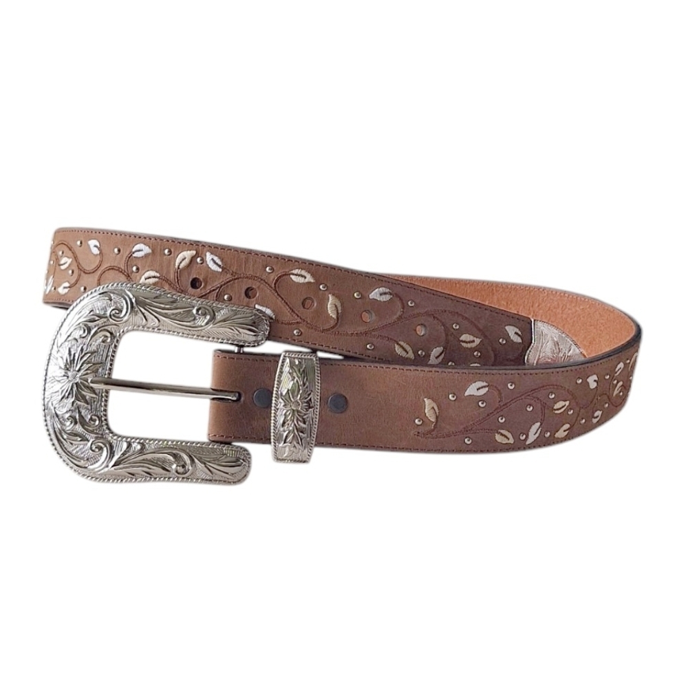 3D Ladies Silver Stud and Embroidered Leaf Embellished Leather Western Belt 36